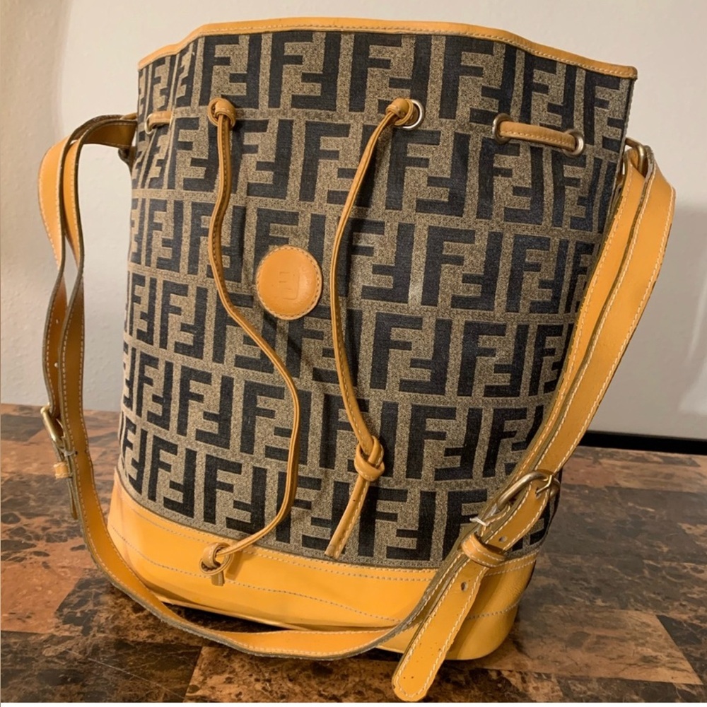 Brown Monogram Canvas Bucket Bag with Yellow Leather Trim